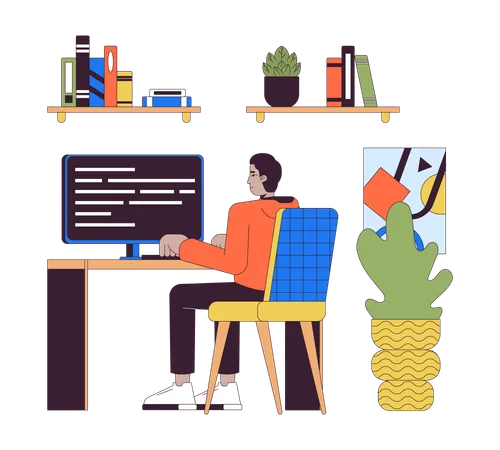 Indian Employee Working At Home Office 2 D Linear Cartoon Character Outsource Software Developer Man Isolated Line Vector Person White Background Place Of Work Color Flat Spot Illustration イラスト