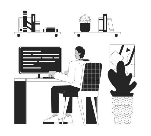 Indian Employee Working At Home Office Black And White 2 D Line Cartoon Character Outsource Software Developer Man Isolated Vector Outline Person Place Of Work Monochromatic Flat Spot Illustration Illustration