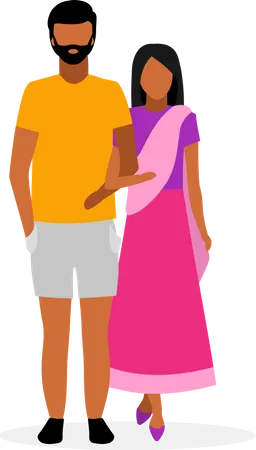 Indian Family Flat Illustration Asian Couple Cartoon Characters Wife In Traditional Indian Dhoti And Husband In Casual Clothing Isolated On White Background Traditional Indian Woman Wearing Sari Illustration