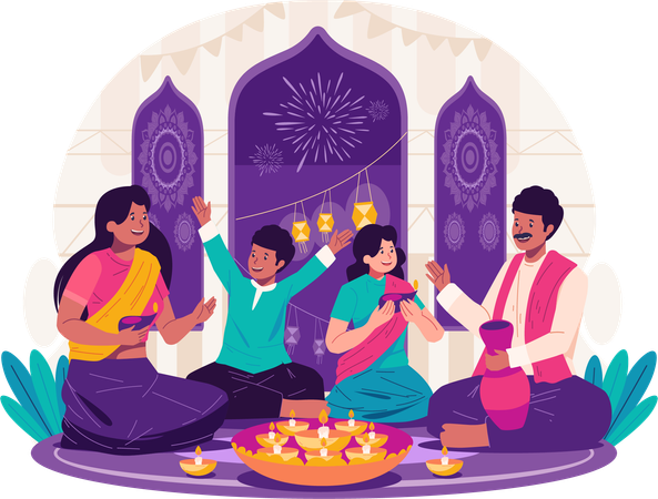 Indian family celebrate diwali  Illustration