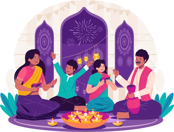 Happy Diwali Greetings Indian Family Celebrate Diwali The Traditional Hindu Festival Of Lights Illustration