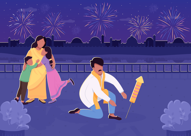 Indian family celebrating Diwali and bursting rocket  イラスト