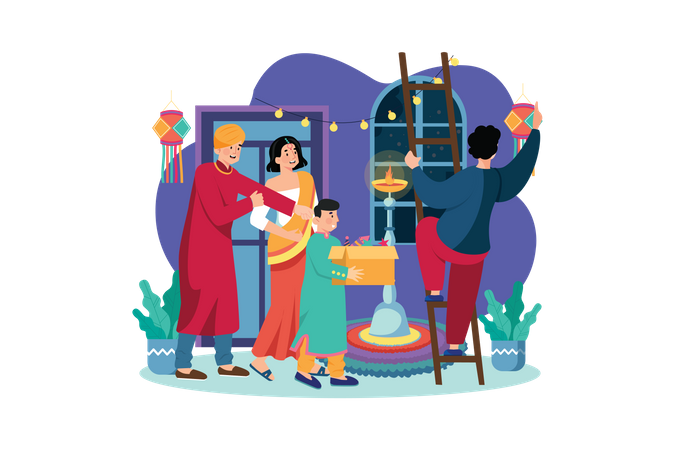 Indian family celebrating Diwali festival Illustration
