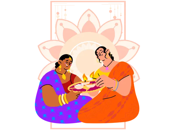 Indian family celebrating Diwali festival  イラスト