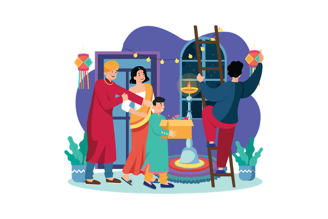 Indian family celebrating Diwali festival  Illustration