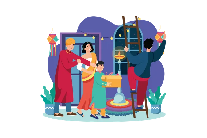 Indian family celebrating Diwali festival  Illustration