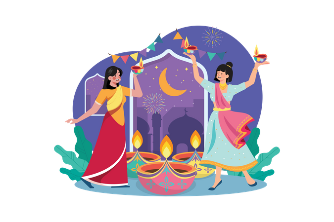 Indian family celebrating Diwali festival  Illustration