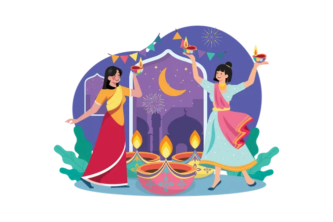 Indian family celebrating Diwali festival  Illustration