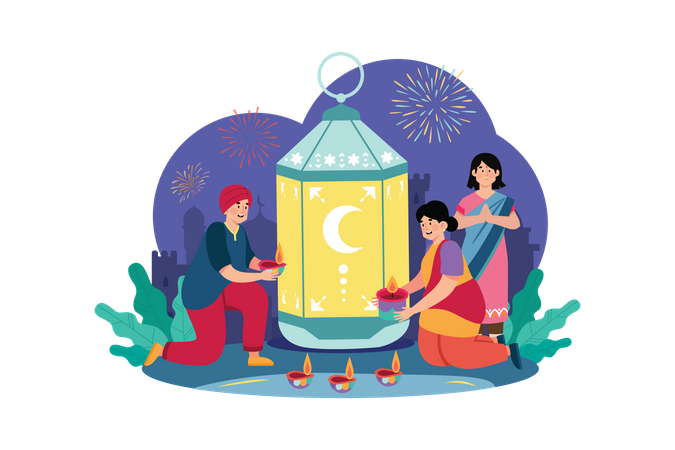 Indian family celebrating Diwali festival  Illustration