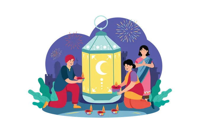 Indian family celebrating Diwali festival  Illustration