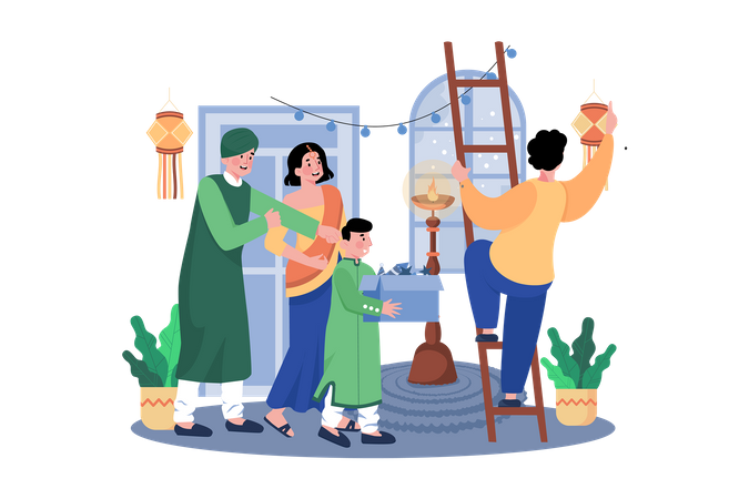 Indian family celebrating Diwali festival  Illustration