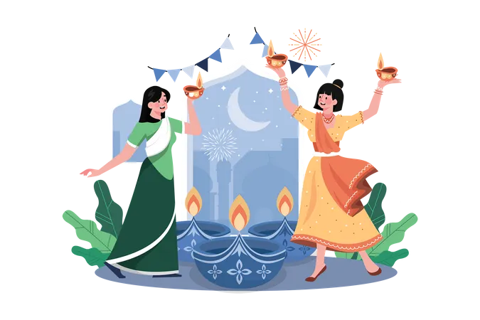 Indian family celebrating Diwali festival  Illustration