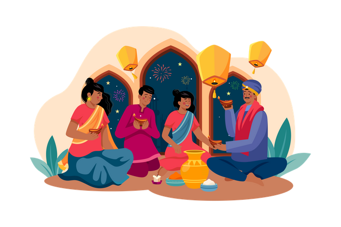 Indian family celebrating Diwali festival  Illustration