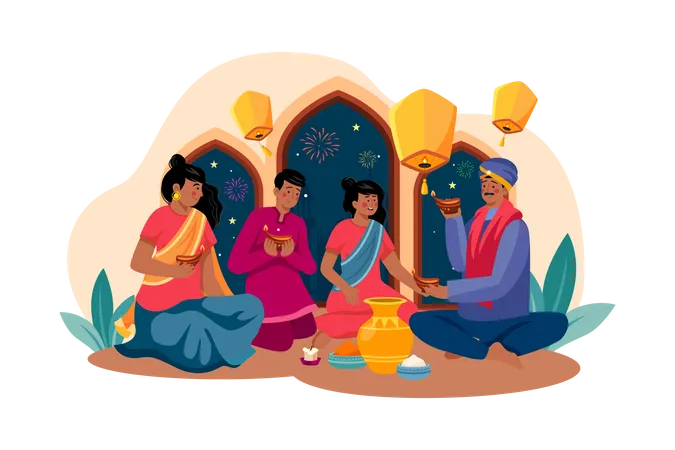 Indian family celebrating Diwali festival  Illustration