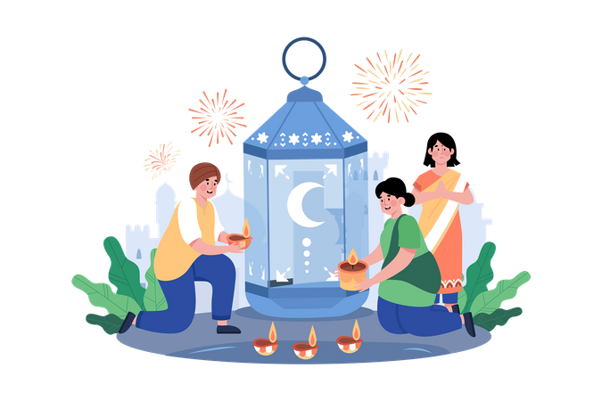 Indian family celebrating Diwali festival  イラスト