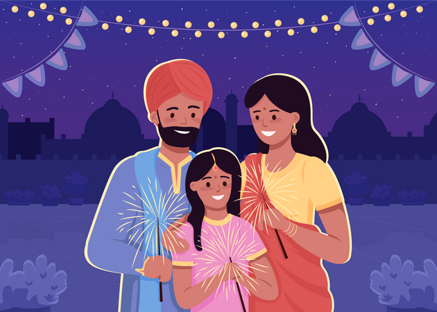 Indian family celebrating Diwali  イラスト