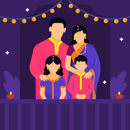 Indian Family Celebrating Diwali  イラスト