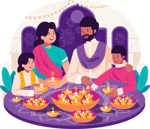 Indian family decorating rangoli and diya to celebrate diwali  Illustration