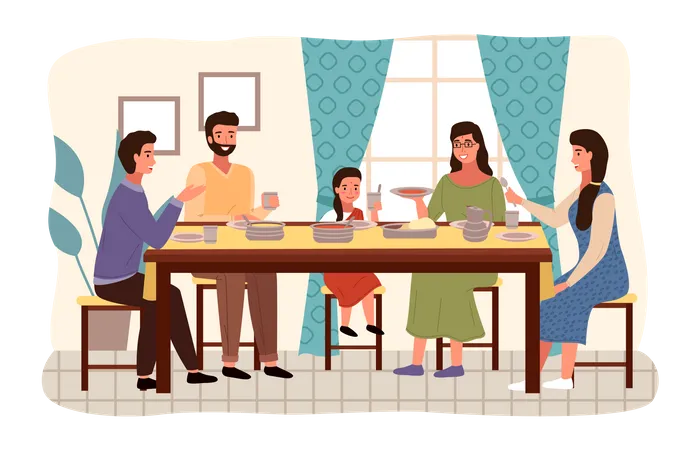 Indian family eating food while sitting on dining table  Illustration