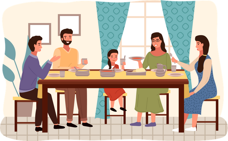 Indian Family eating indian food at home  Illustration