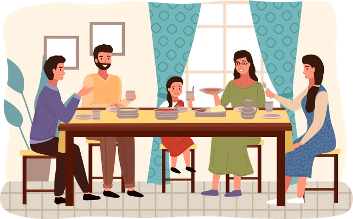 Indian Family eating indian food at home  Illustration