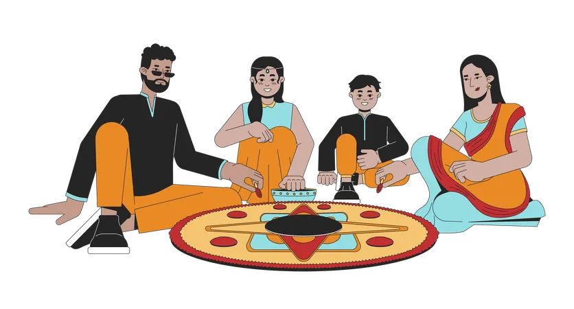 Indian Family Making Diwali Rangoli Line Cartoon Flat Illustration Happy South Asians At Home 2 D Lineart Characters Isolated On White Background Deepawali Celebration Scene Vector Color Image Illustration