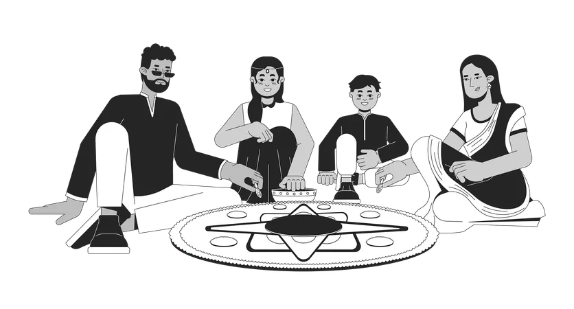 Indian Family Making Diwali Rangoli Black And White Cartoon Flat Illustration Happy South Asians At Home 2 D Lineart Characters Isolated Deepawali Celebration Monochrome Scene Vector Outline Image Illustration