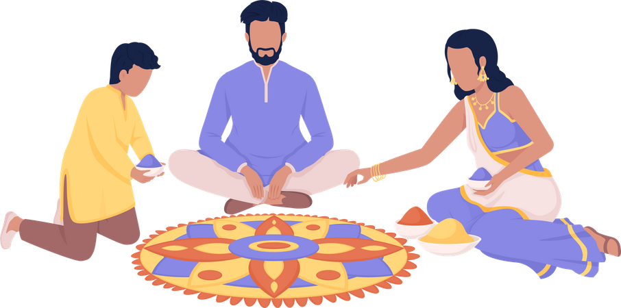 Indian family making Rangoli  Illustration