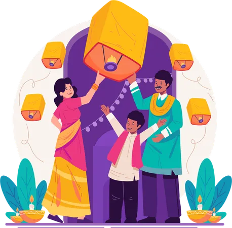 Indian Family Releasing Lanterns Into The Sky To Celebrate Diwali Festival Of Lights Illustration