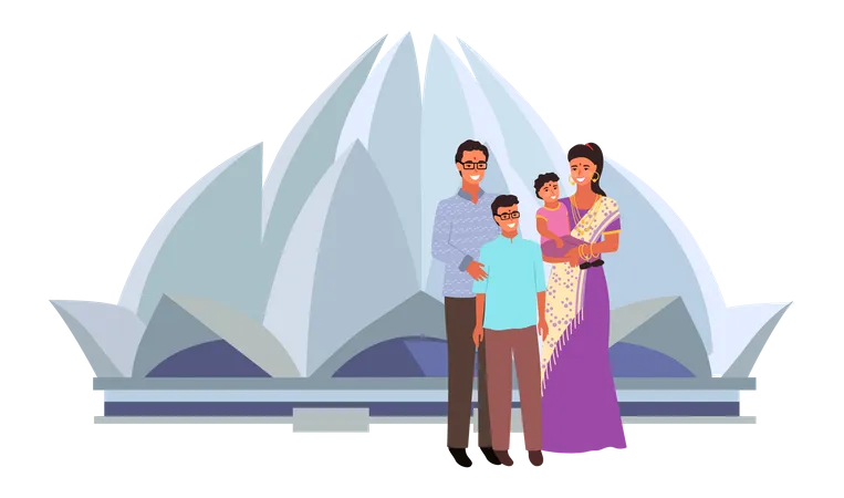 Indian family standing outside Lotus Temple  Illustration