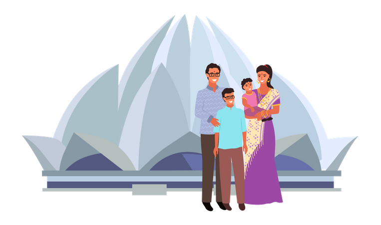 Indian family standing outside Lotus Temple  イラスト