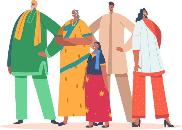 Indian Family Wear Traditional Clothes Illustration