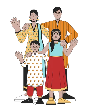 Indian Family Wearing Traditional Clothing Line Cartoon Flat Illustration Deepavali Parents Kids 2 D Lineart Characters Isolated On White Background Diwali Celebration Scene Vector Color Image Illustration