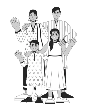 Indian Family Wearing Traditional Clothing Black And White Cartoon Flat Illustration Deepavali Parents Kids 2 D Lineart Characters Isolated Diwali Celebration Monochrome Scene Vector Outline Image Illustration