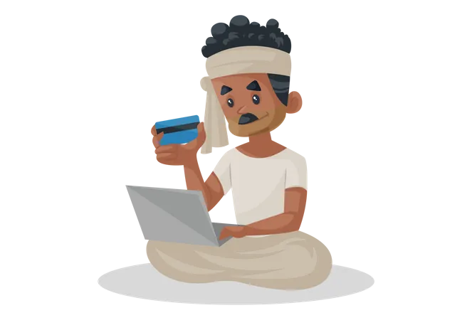 Indian farmer doing online payment using card on laptop  Illustration