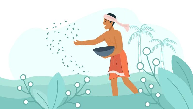 Indian farmer planting seeds in soil Illustration