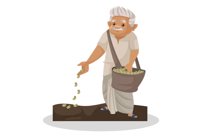 Indian farmer planting seeds in soil  Illustration