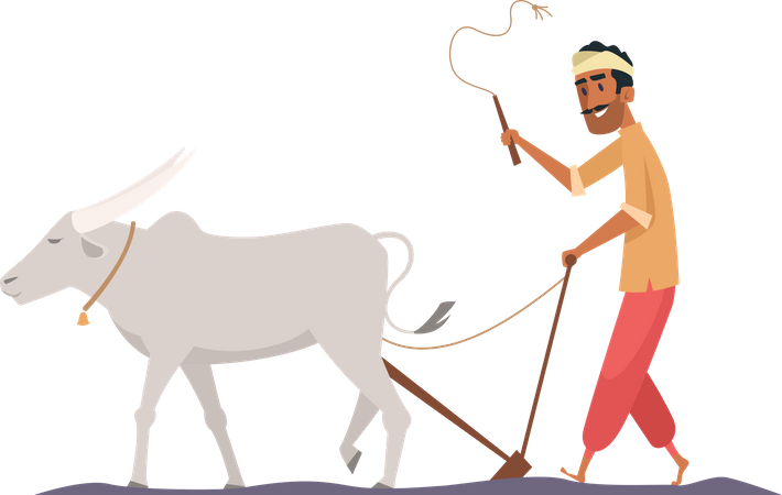 Indian farmer riding bull Illustration