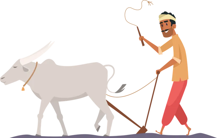 Indian farmer riding bull Illustration
