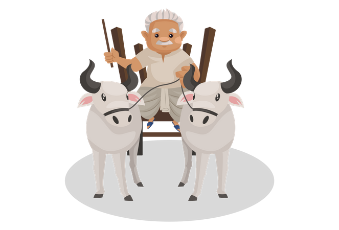 Indian farmer riding bullock cart  Illustration