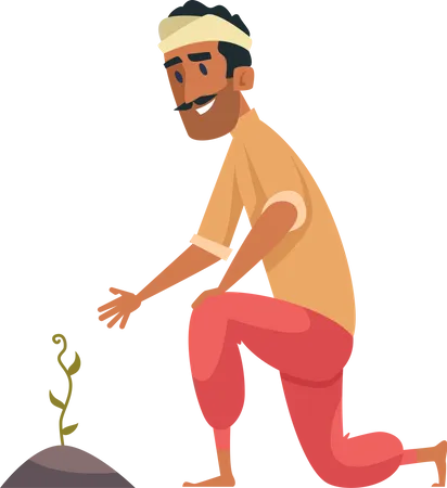 Indian farmer taking care of plant Illustration
