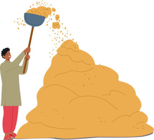 Indian Farmer Uses Large Tool To Pour Mound Of Harvested Grains  Illustration