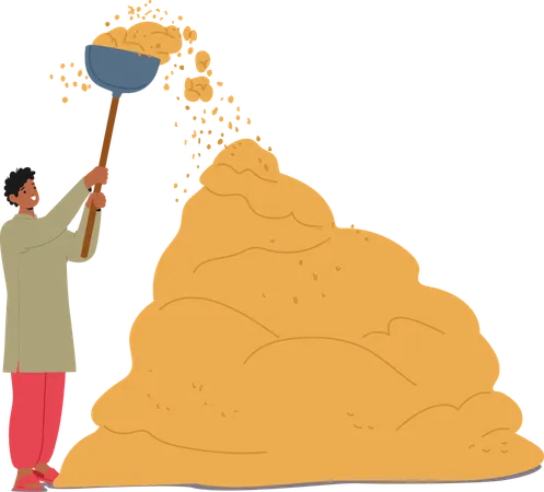 Indian Farmer Uses Large Tool To Pour Mound Of Harvested Grains  Illustration