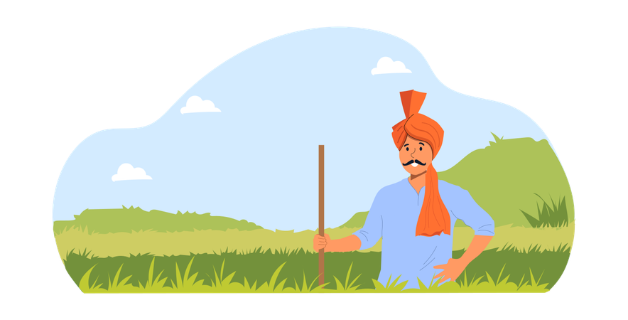 Indian Farmer Working At Farm  Illustration