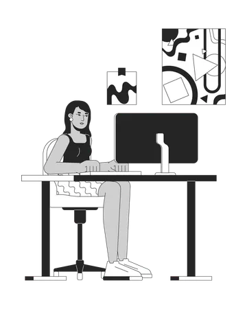 Indian Female At Office Workplace Black And White 2 D Line Cartoon Character South Asian Woman Working On Computer Isolated Vector Outline Person Corporate Work Monochromatic Flat Spot Illustration Illustration