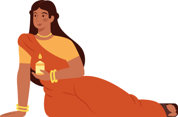 Indian Female With Candle  Illustration