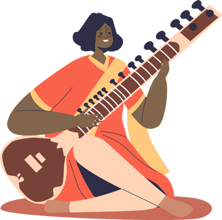 Indian folk musician woman in national clothes playing on sitar  Illustration