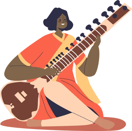 Indian folk musician woman in national clothes playing on sitar  Illustration