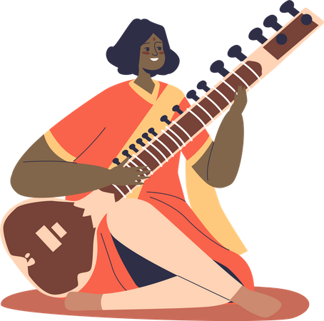 Indian folk musician woman in national clothes playing on sitar  Illustration