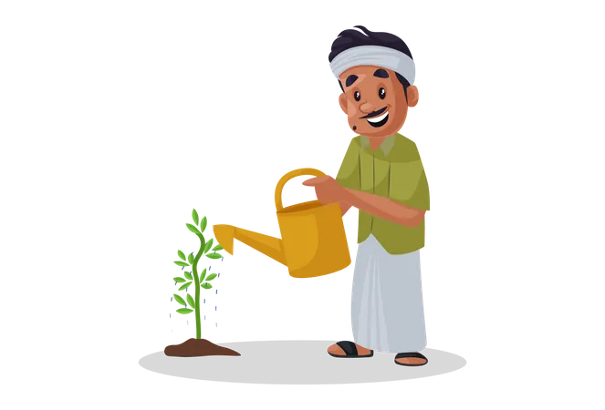 Indian gardener pouring water to plant Illustration